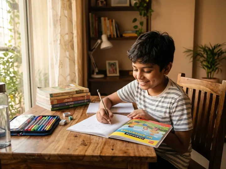 Student studying happily and confidently at home in Indore