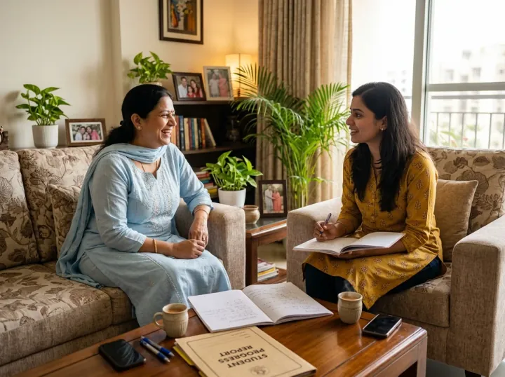 Parent and tutor discussing student progress in Indore