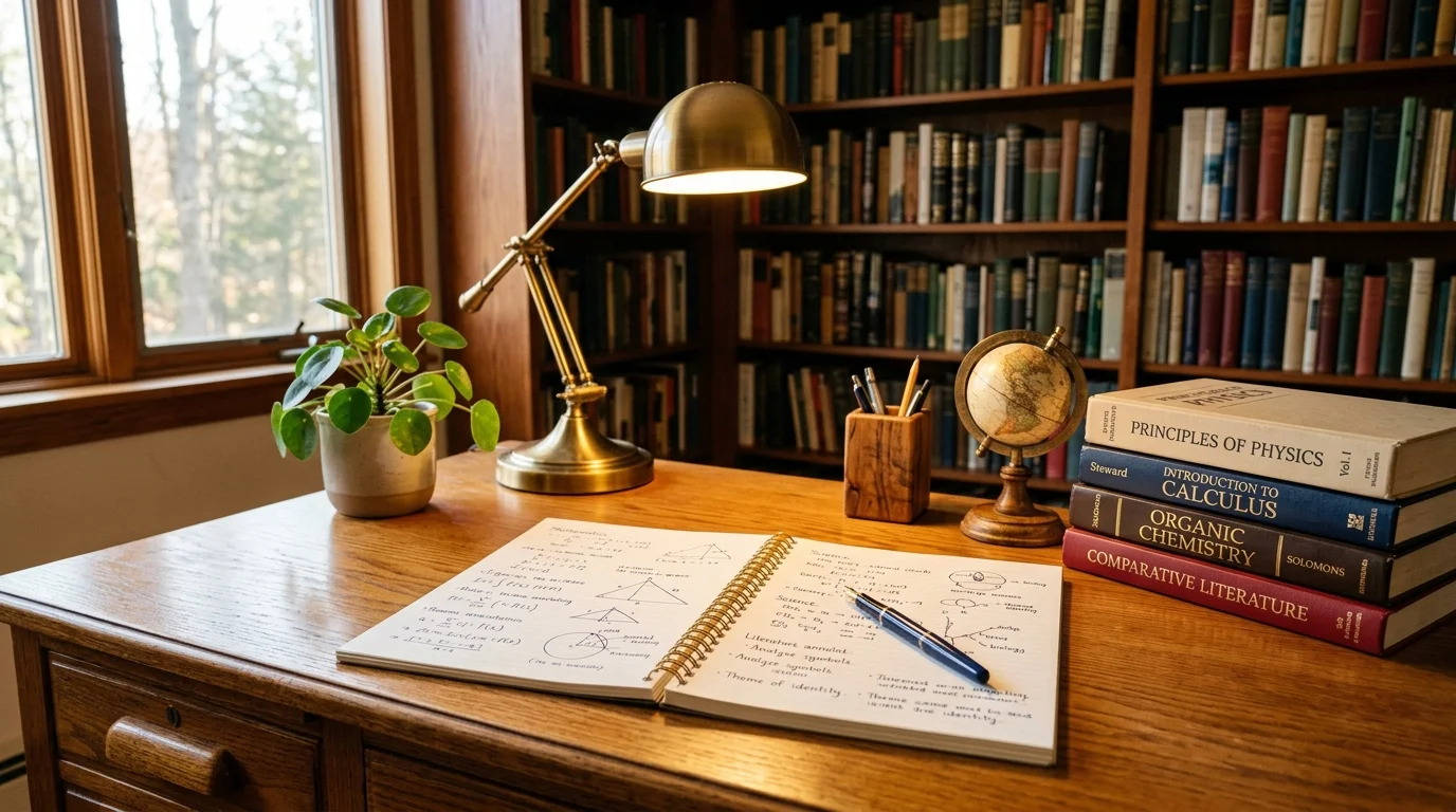Educational study desk with textbooks, notes, and academic essentials